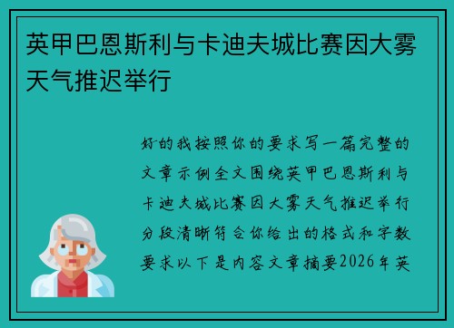 英甲巴恩斯利与卡迪夫城比赛因大雾天气推迟举行 英甲巴恩斯利与卡迪夫城比赛因大雾天气推迟举行